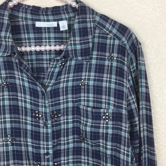 Halogen Embellished Plaid Shirt in Blue LP - Picture 6 of 8